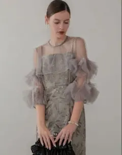 フラワースパンコールチュールフリルスリーブIラインワンピースドレス結婚式二次会