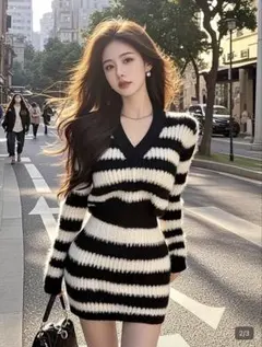 SHEIN Vネック ボーダー ニットワンピース ミニ丈