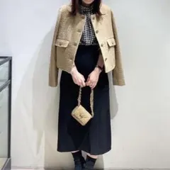 ノーカラージャケット ベージュ ツイード風