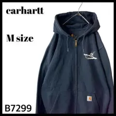 海外古着 カーハート ジップアップパーカー バックプリント フェードネイビー M