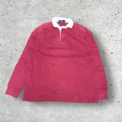 90s Polo RalphLauren ラガーシャツ 刺繍 M レッド 古着