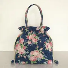 巾着トートバッグ・ダマスク・薔薇・ロココ調・綿麻キャンバス・ハンドメイド