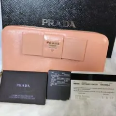 美品★【PRADA】サフィアーノレザー 長財布 ピンク リボン 本革