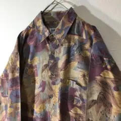 【個性派古着】長袖総柄デザインシャツ　マルチカラー　アート柄　メンズ L