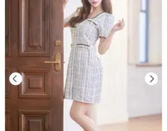 全ジップの煌めくツイード半袖タイトミニドレス　新品　ホワイト　半袖