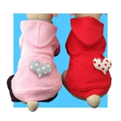 犬服 カジュアルパーカー Мサイズ ピンク 水玉ハート型バッジ付き フード付き