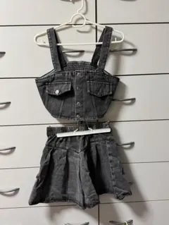 グレー デニム クロップドトップ ショートパンツ セット M