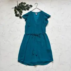 8300✾H&M✾ひざ丈ワンピース【36】半袖/リボン/グリーン/ピンタック