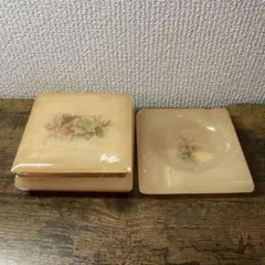 E-壁 【ヴィンテージ】天然石 アラバスター 卓上煙草入れ＆灰皿 セット 薔薇