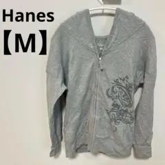 Hanes 【M】ヘインズ　抽象画プリント　フード付　グレー パーカー　裏起毛のサムネイル