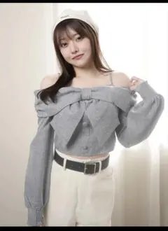 リボンオフショルロングスリーブトップス