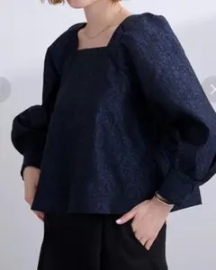 ネイビー パフスリーブ 長袖ブラウス M