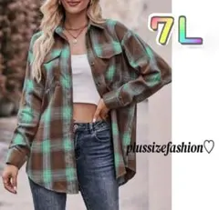 《新品 7Ｌ》チェック柄長袖シャツ/グリーン/大きいサイズレディース