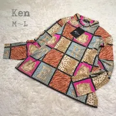 【Ken 】アニマル柄／ストレッチ／バンドカラー／ハーフボタンシャツ／肩パッド