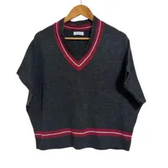 *【ネイビー】ダークグレー Vネック 半袖ニット M