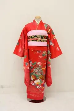 七五三 7歳 120cm ポリエステル 赤 古典 昭和レトロ 袋帯 草履バック付 七五三 7歳 120cm ポリエステル 赤 古典 昭和レトロ 袋帯 草履バック付