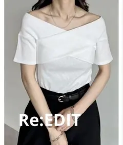 Re:EDIT 2WAYリブカットソーオフショルクロスデザイントップスのサムネイル