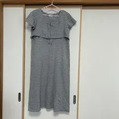 マタニティパジャマ 授乳 部屋着 グレーと白の横ストライプ M〜L