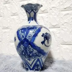 【最終値下げ】九谷焼　藍九谷　山本長左　陰刻線文　青華　葡萄/柘榴　果実紋　花瓶