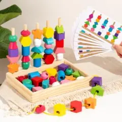 木製 知育玩具 ひも通し 絵合わせパズル 積み木 モンテッソーリ 形合わせ