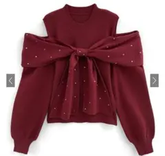 オープンショルダービジューリボンニットトップス[dr784]