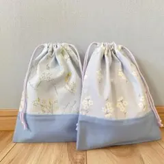 ハンドメイド　給食袋　巾着　小花　水色　2枚セット　　入園入学グッズ