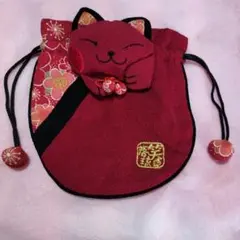 猫デザイン 巾着 赤 ちりめん生地　美品