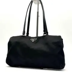 【美品】PRADA 三角プレート　サテン　レザー　肩掛け　ハンドバッグ