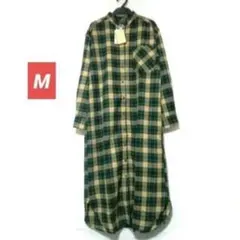 新品 シャツワンピース ロング 長袖 スタンドカラー グリーン チェック