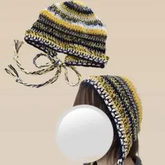 【一点物】 ハンドメイド ボンネット バラクラバ ニット帽 イエロー ネイビー