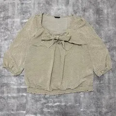 GLACIER ボウタイブラウス L ストライプ 七分袖 リボン ベージュ