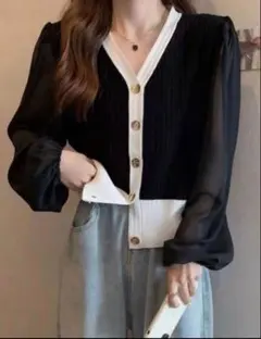 GRL カーディガン 長袖 シフォンスリーブ配色ニットトップス　at1721のサムネイル