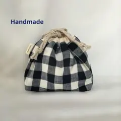 ハンドメイド＊おにぎり巾着袋/小さめお弁当袋/ネイビーチェック/北欧風