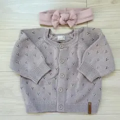 【美品】プティマイン くすみピンク カーディガン 80 ヘアバンドセット