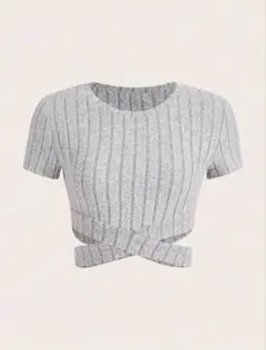 リブニット クロップド丈 半袖 クロスストラップ グレー M sheinのサムネイル