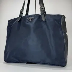 プラダ トートバッグ サフィアーノレザー×ナイロン A4可 肩掛 ネイビー