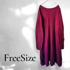 ニットワンピース シンプル 無地 ロング丈 ワインレッド 長袖 フリーサイズ