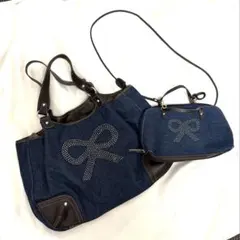 デニムリボンモチーフ トートバッグとショルダーバッグ セット　デニムトートバック