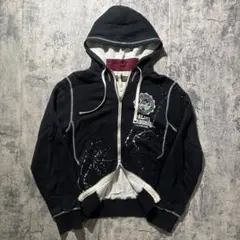 Y2K 裏サーマル ダブルジップ ペイント パーカー 黒 00s