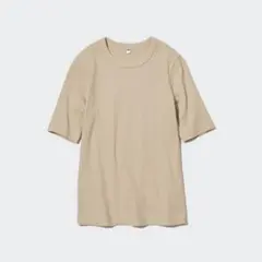 【UNIQLO】美品　ユニクロ　リブクルーネックT ベージュ(5分丈) S