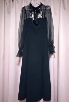 ロング丈パーティードレスM◆黒×レース×リボン/中古美品