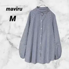 maviru【M】バンドカラー ストライプブラウス ボリューム袖 ぽわん袖