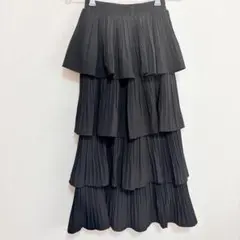ブラック プリーツ ティアード ロングスカート