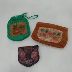ハンドメイド　レザークラフトのポーチ・巾着・小銭入れセット