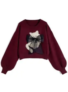 【GRL】ビッグリボン 猫 モチーフ ニット トップス ボルドー ワインレッド