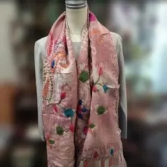 エスニック　新品タグ付ウールコットンジャガード織　花柄刺繍大判ショール　pink
