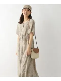 グローバルワーク ベージュ系花柄 半袖ロングワンピース