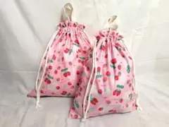 【ハンドメイド】いちご柄　巾着袋　2点セット（大・中）【通園・通学グッズ】