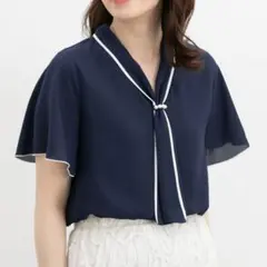 ハニーズ　Honeys 配色ボウタイブラウス　ネイビー　紺　パール