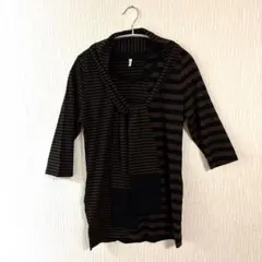 【デザインカットソー】ボーダー柄 七分袖 スカーフ風タイ付き ブラウン系 M